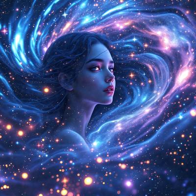The primary subject of the image is a woman with a ponytail, who is the main focus of the scene. She is surrounded by a purple and blue background, which adds to the overall mood of the image. The visual style of the image is a combination of digital art and illustration, creating a unique and artistic representation of the woman. The colors and mood of the image are predominantly purple and blue, giving it a serene and calming atmosphere.
